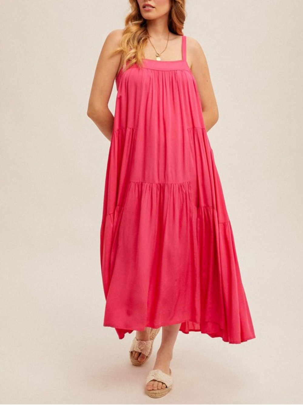 ☀️SALE☀️MAXI TIERED SUN DRESS WITH POCKETS|FUSCHIA